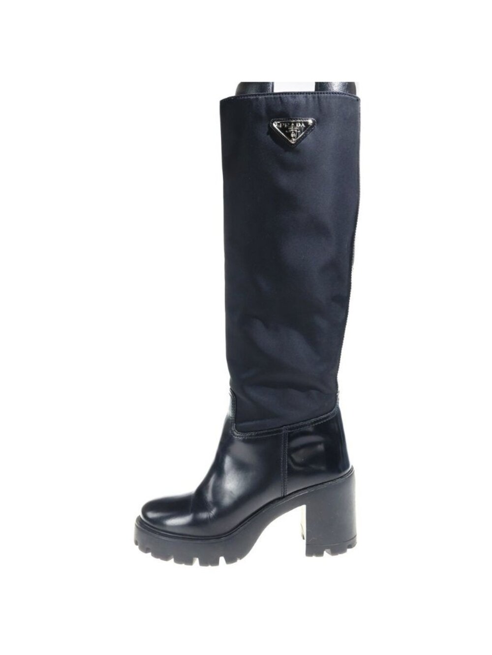 Prada Re-Nylon Knee High Boots Leather Paneled Long Triangle Logo Zip Black